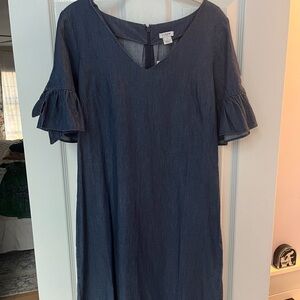 J. Crew Navy Long-short Sleeve Dress with Ruffle Detail